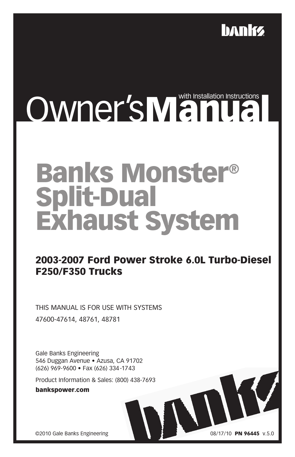 Banks Power Ford Trucks: (Diesel ’03 - 07 6.0L Power Stroke) Exhaust- Monster Exhaust, Split-Dual '03-07 F250-F350 User Manual | 16 pages