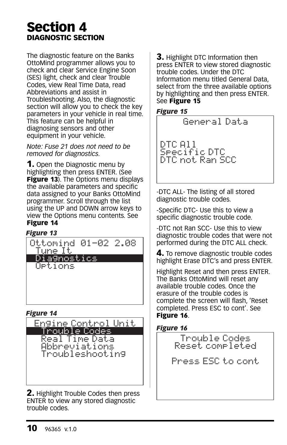 Section 4, Diagnostic section, Section 4 diagnostic section | General data dtc all specific dtc dtc not ran scc, Trouble codes reset completed press esc to cont | Banks Power GM Motorhomes: (Gas ’01 - 10 8.1L Workhorse) Programmer- AutoMind programmer '02 Class-A MH User Manual | Page 10 / 16