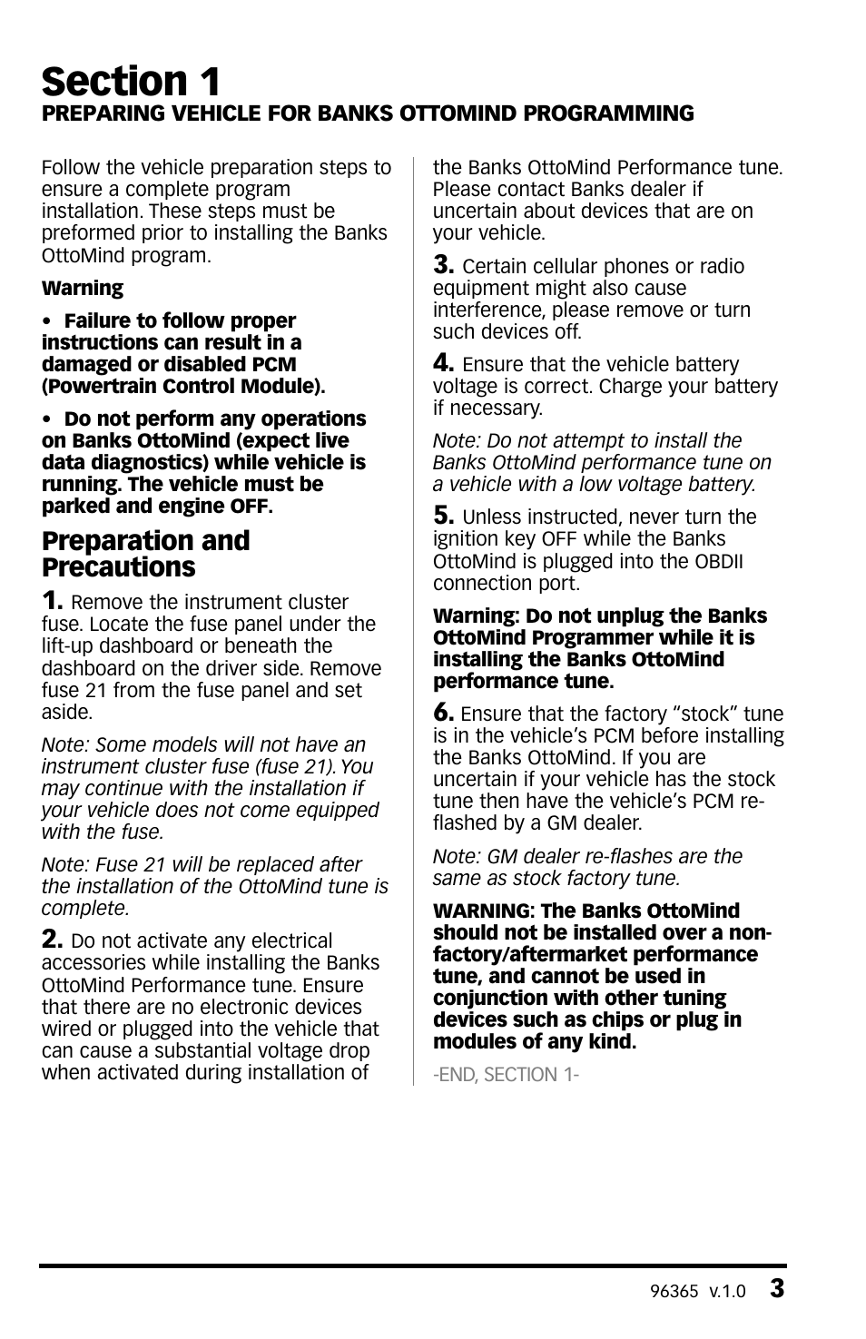 Section 1, Preparing vehicle for banks, Preparation and precautions 1 | Banks Power GM Motorhomes: (Gas ’01 - 10 8.1L Workhorse) Programmer- AutoMind programmer '02 Class-A MH User Manual | Page 3 / 16