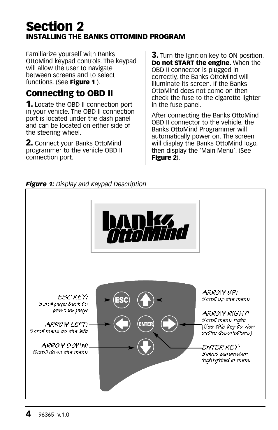 Section 2, Installing the banks ottomin, Section 2 installing the banks ottomind program | Esc key, Arrow left, Arrow down, Arrow up, Arrow right, Enter key | Banks Power GM Motorhomes: (Gas ’01 - 10 8.1L Workhorse) Programmer- AutoMind programmer '02 Class-A MH User Manual | Page 4 / 16