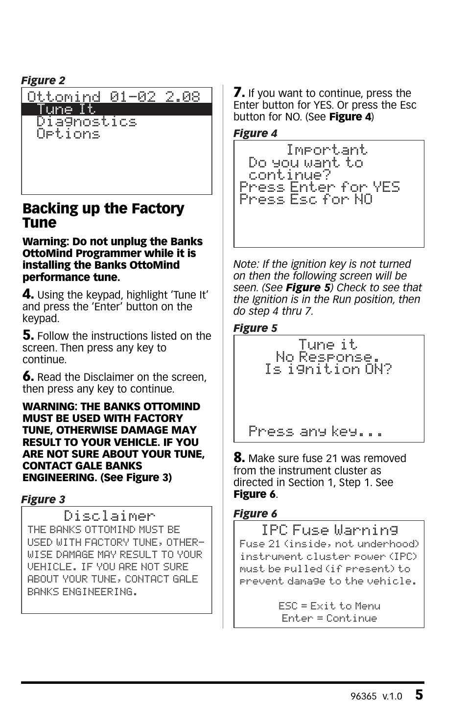 Disclaimer, Tune it no response. is ignition on? press any key, Ipc fuse warning | Banks Power GM Motorhomes: (Gas ’01 - 10 8.1L Workhorse) Programmer- AutoMind programmer '02 Class-A MH User Manual | Page 5 / 16
