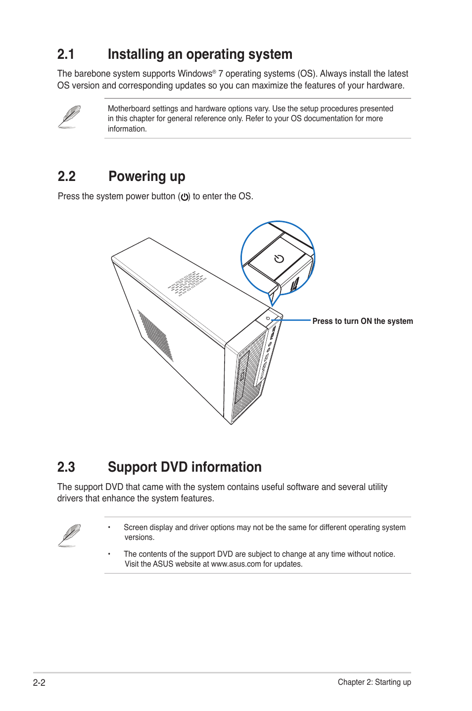 1 installing an operating system, 2 powering up, 3 support dvd information | Installing an operating system -2, Powering up -2, Support dvd information -2 | Asus S2-P8H61E User Manual | Page 18 / 80