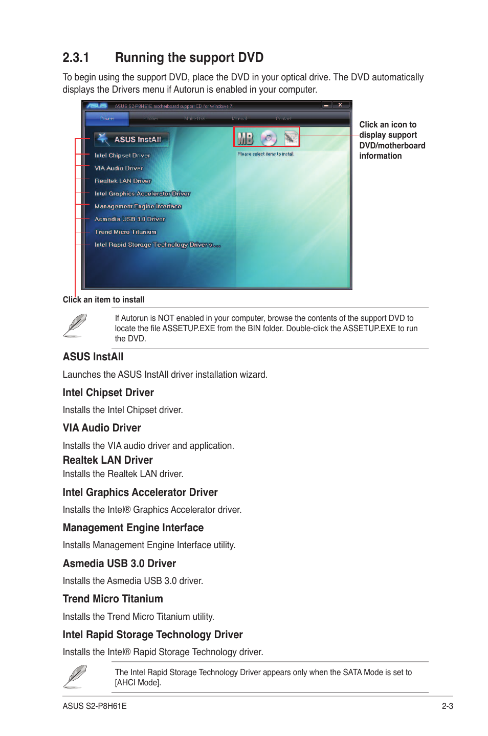 1 running the support dvd, Running the support dvd -3 | Asus S2-P8H61E User Manual | Page 19 / 80