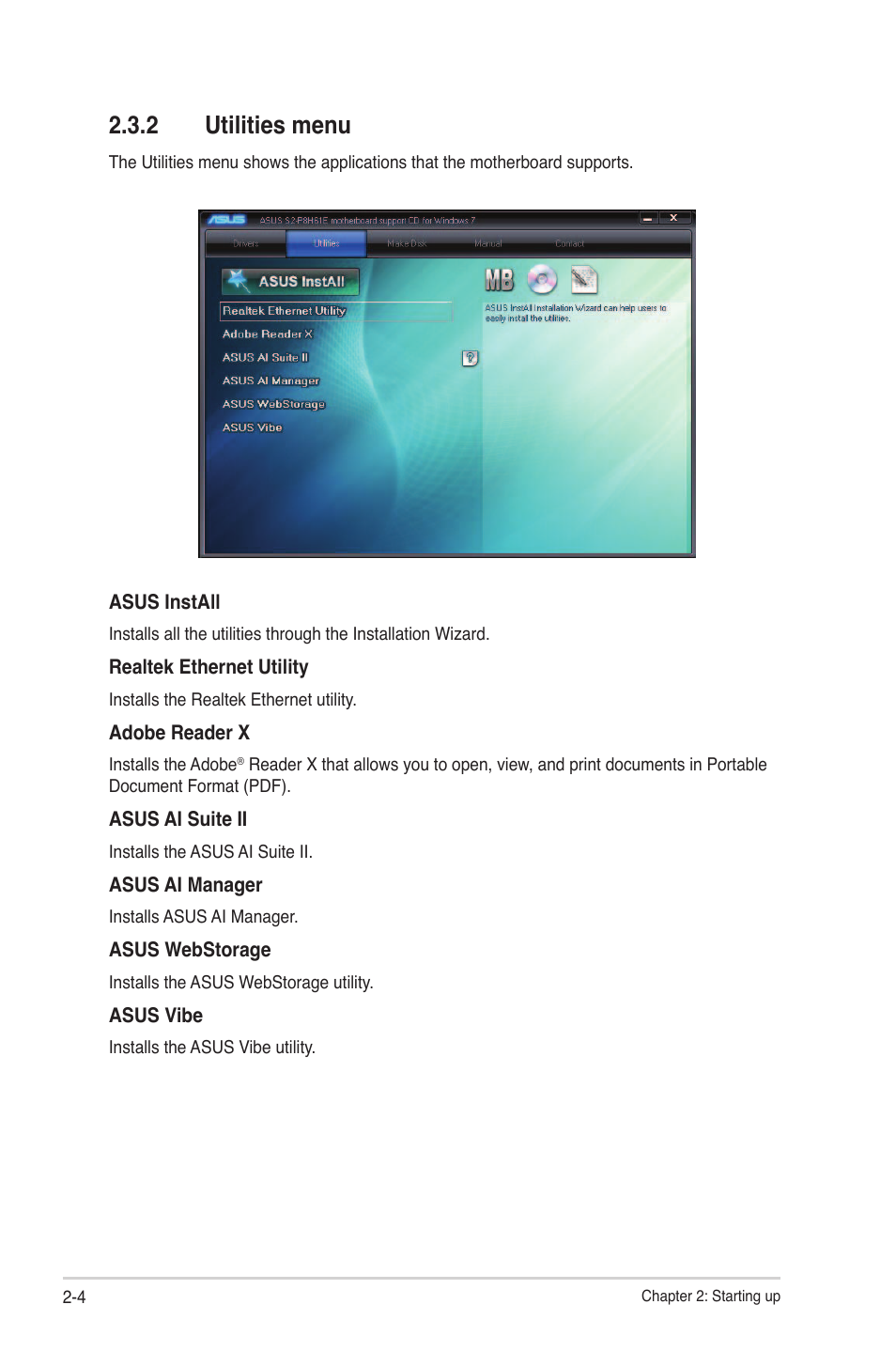 2 utilities menu, Utilities menu -4 | Asus S2-P8H61E User Manual | Page 20 / 80