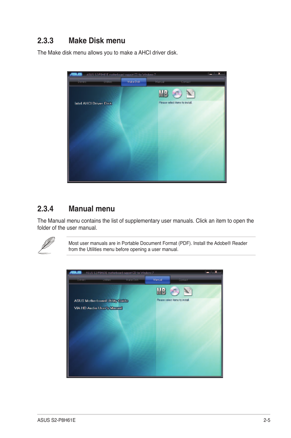 3 make disk menu, 4 manual menu, Make disk menu -5 | Manual menu -5 | Asus S2-P8H61E User Manual | Page 21 / 80