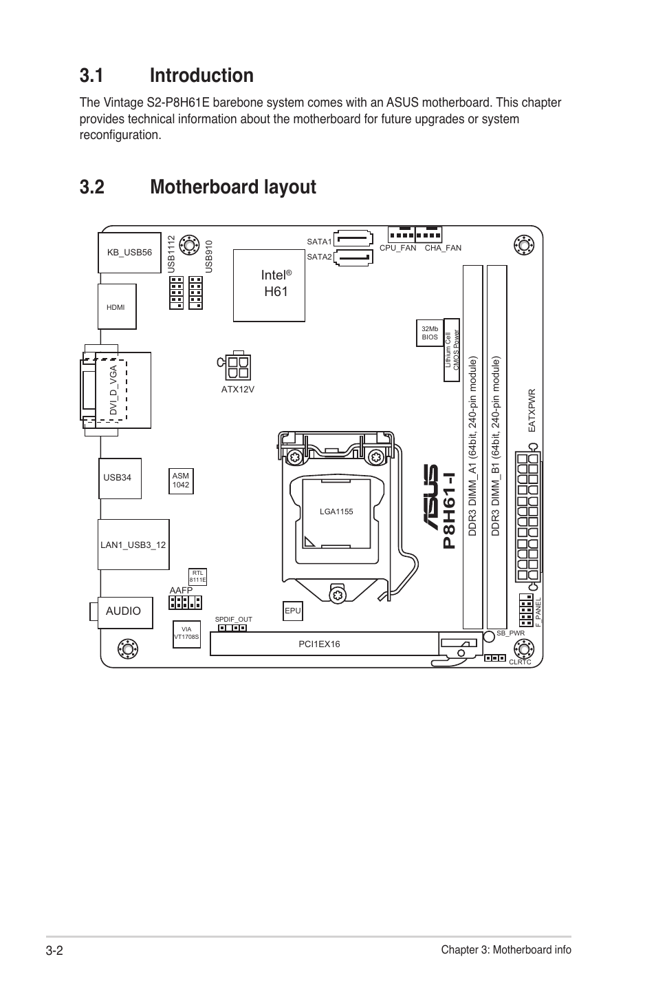 1 introduction, 2 motherboard layout, Introduction -2 | Motherboard layout -2, P8h61- i, Intel | Asus S2-P8H61E User Manual | Page 48 / 80