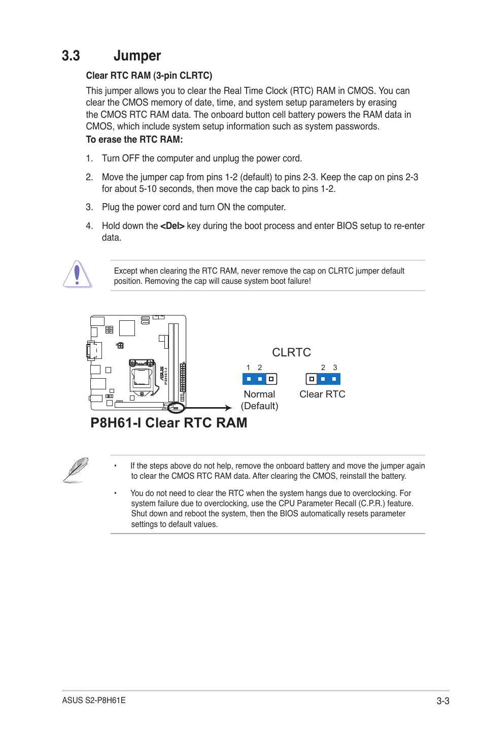 3 jumper, Jumper -3, P8h61-i clear rtc ram | Clrtc | Asus S2-P8H61E User Manual | Page 49 / 80