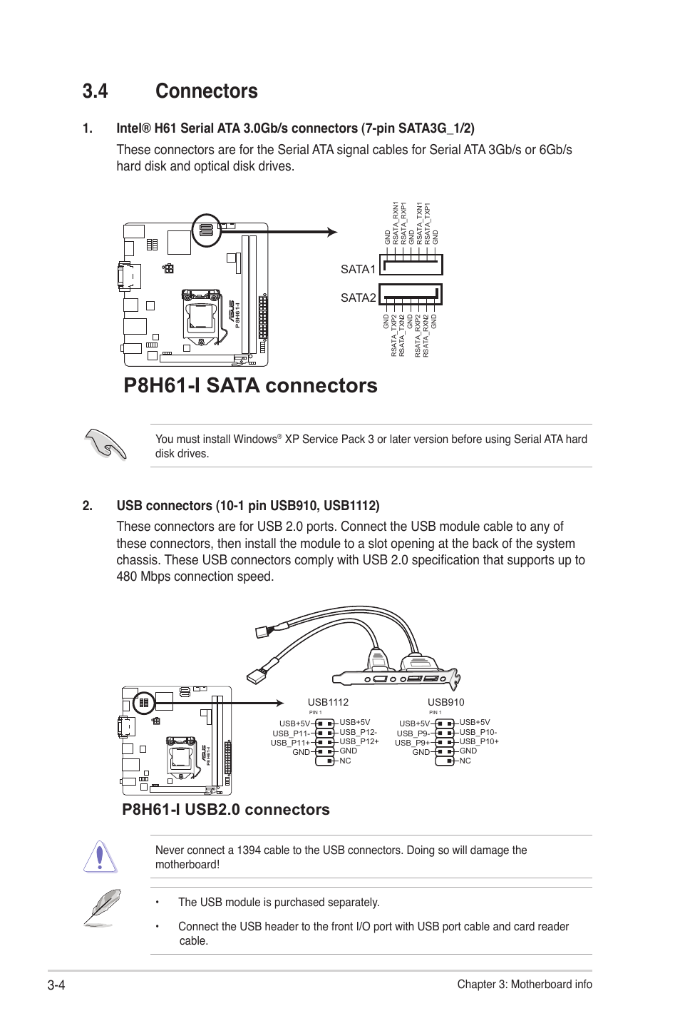 4 connectors, Connectors -4, P8h61-i sata connectors | Asus S2-P8H61E User Manual | Page 50 / 80