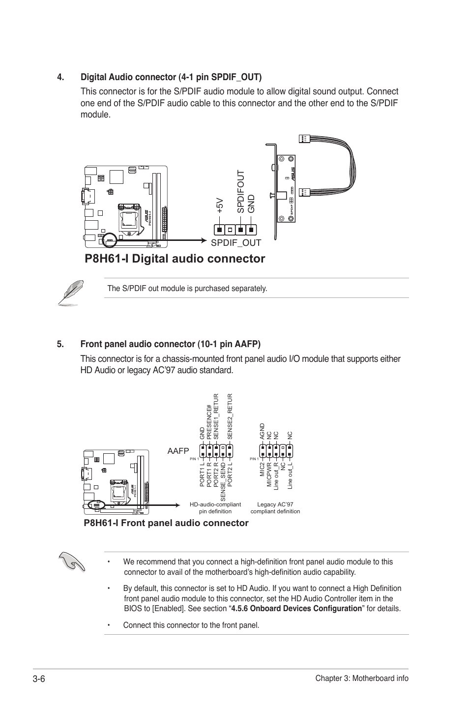 P8h61-i digital audio connector, P8h61-i front panel audio connector, Spdif_out | 5 v spdifou t gnd | Asus S2-P8H61E User Manual | Page 52 / 80