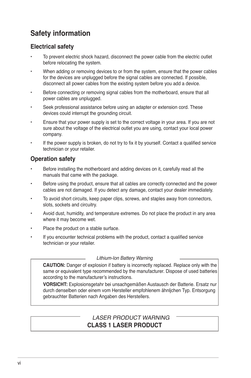 Safety information, Electrical safety, Operation safety | Class 1 laser product | Asus S2-P8H61E User Manual | Page 6 / 80