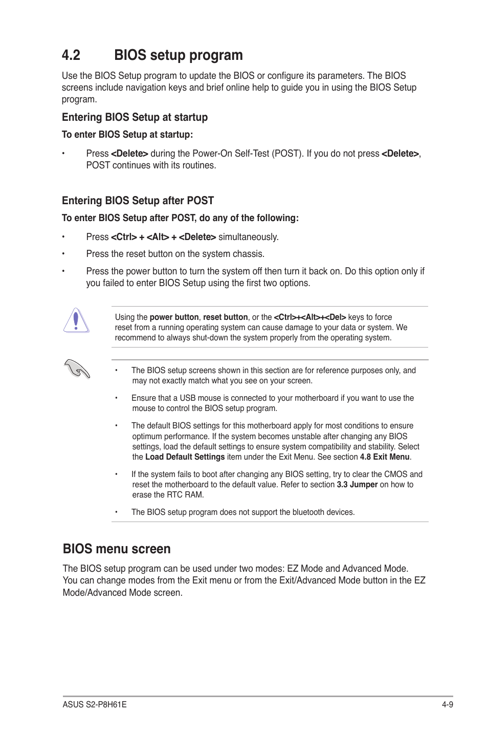 2 bios setup program, Bios menu screen, Bios setup program -9 bios menu screen -9 | Asus S2-P8H61E User Manual | Page 63 / 80