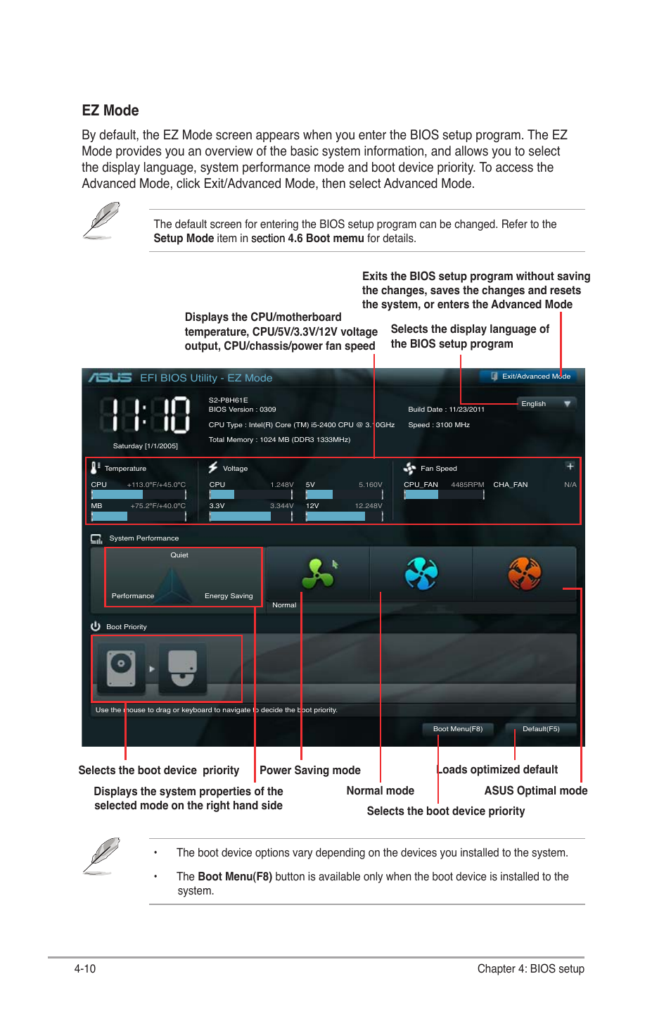 Ez mode, 10 chapter 4: bios setup | Asus S2-P8H61E User Manual | Page 64 / 80