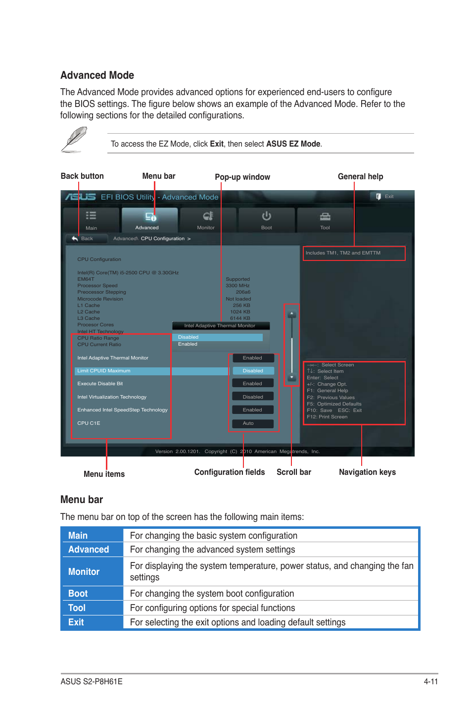 Advanced mode, Menu bar, Navigation keys | Asus S2-P8H61E User Manual | Page 65 / 80