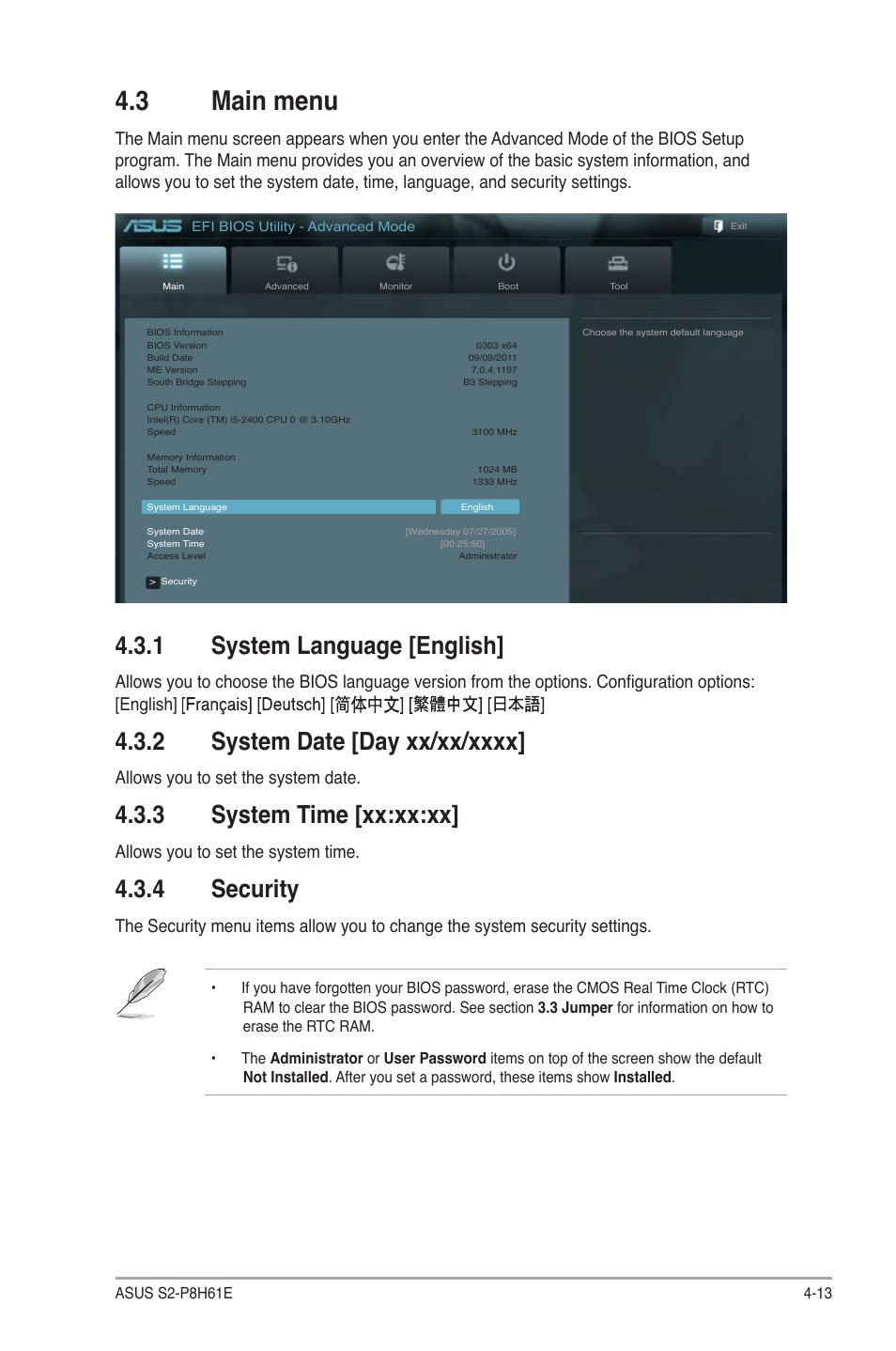 3 main menu, 1 system language [english, 2 system date [day xx/xx/xxxx | 3 system time [xx:xx:xx, 4 security, Main menu -13 4.3.1, System language [english] -13, System date [day xx/xx/xxxx] -13, System time [xx:xx:xx] -13, Security -13 | Asus S2-P8H61E User Manual | Page 67 / 80