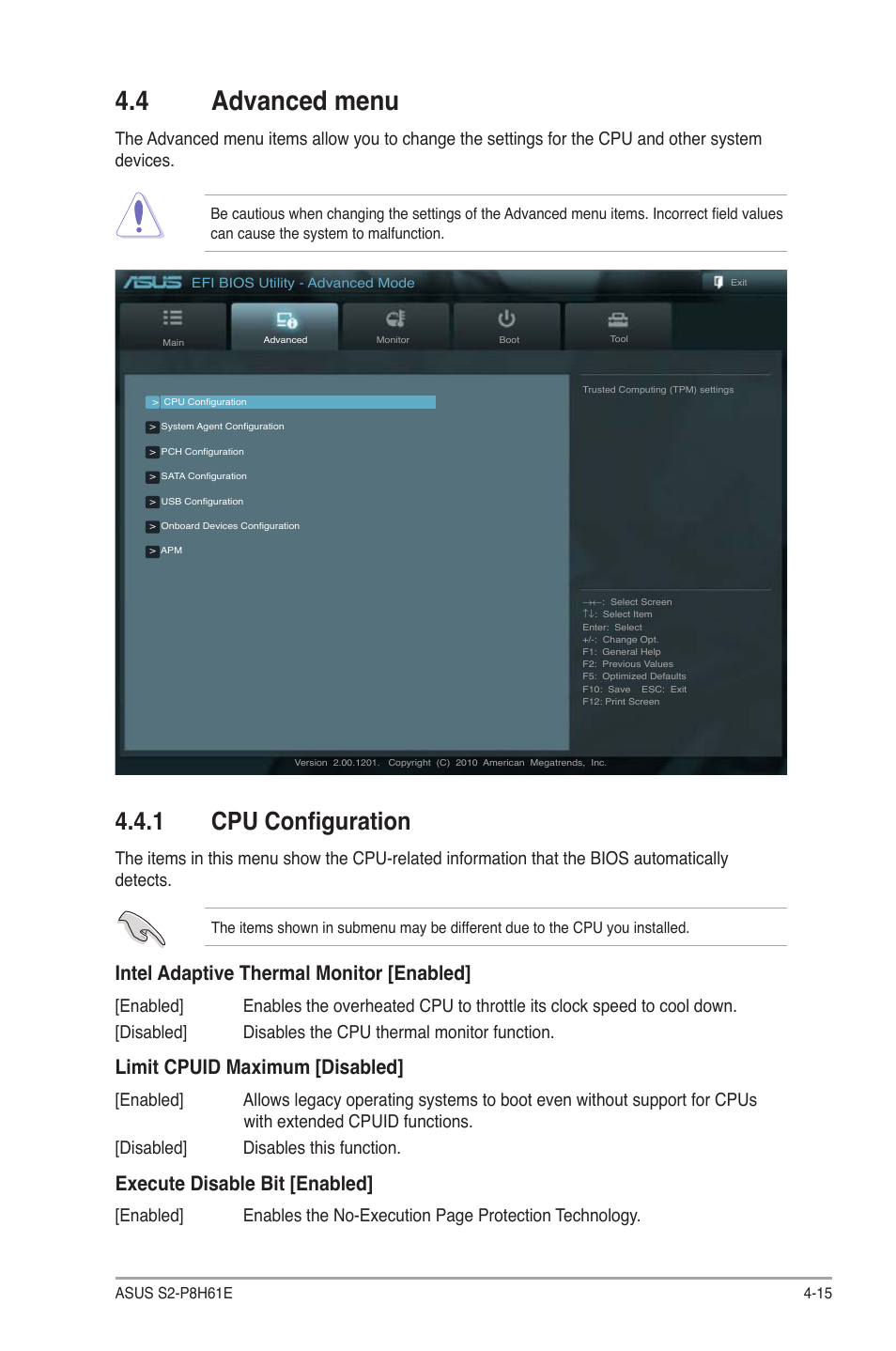 4 advanced menu, 1 cpu configuration, Advanced menu -15 4.4.1 | Cpu configuration -15, Intel adaptive thermal monitor [enabled, Limit cpuid maximum [disabled, Execute disable bit [enabled | Asus S2-P8H61E User Manual | Page 69 / 80