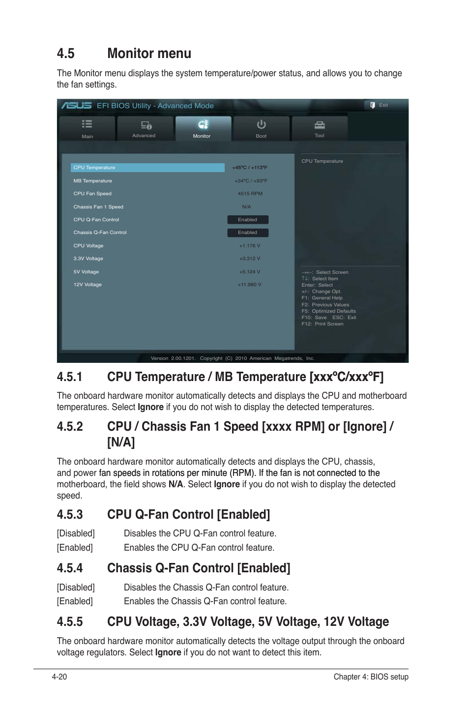 5 monitor menu, 1 cpu temperature / mb temperature [xxxºc/xxxºf, 3 cpu q-fan control [enabled | 4 chassis q-fan control [enabled, Monitor menu -20 4.5.1, Cpu temperature / mb temperature [xxxºc/xxxºf] -20, Cpu q-fan control [enabled] -20, Chassis q-fan control [enabled] -20 | Asus S2-P8H61E User Manual | Page 74 / 80
