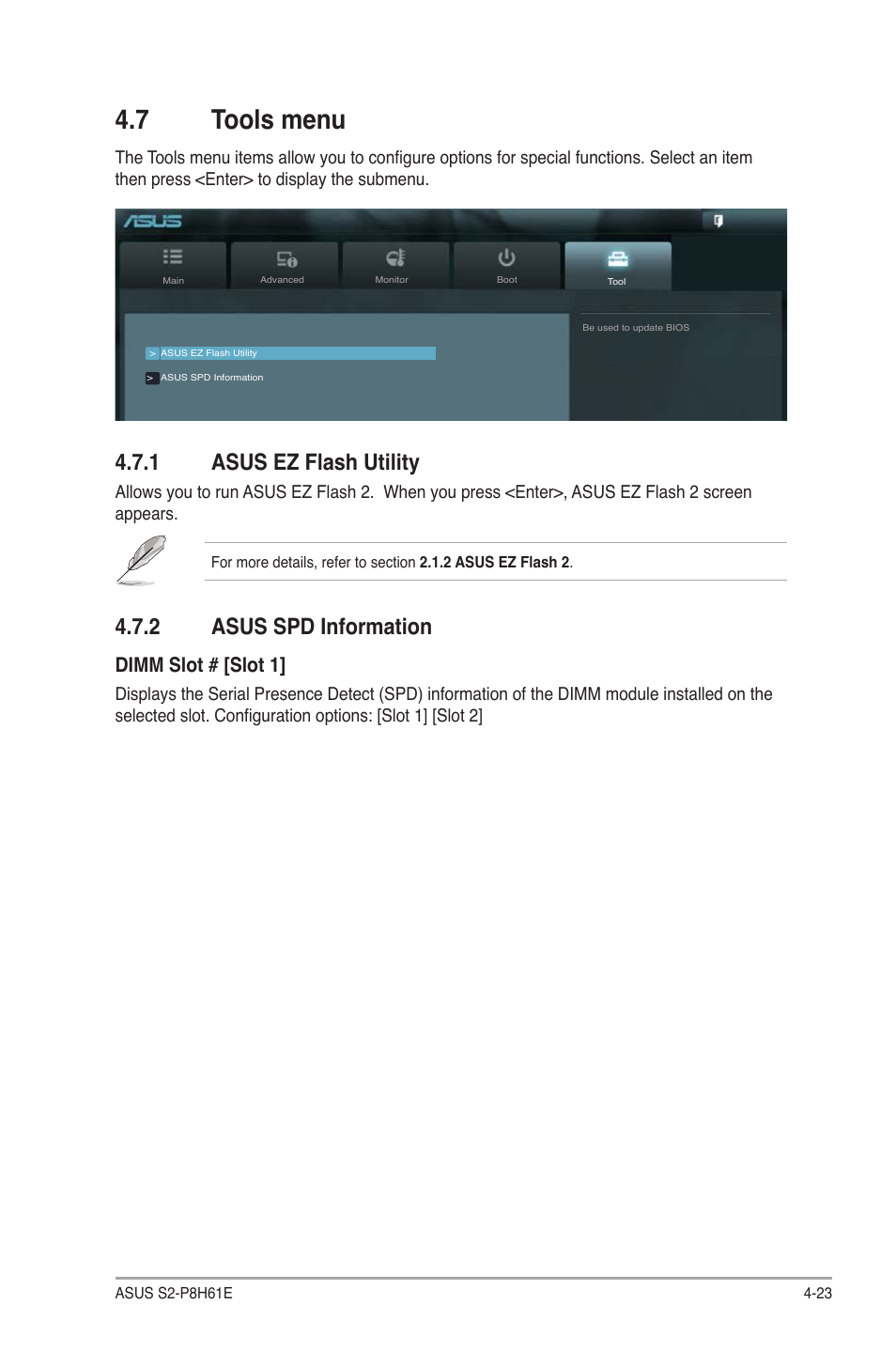 7 tools menu, Tools menu -23, 1 asus ez flash utility | 2 asus spd information, Dimm slot # [slot 1 | Asus S2-P8H61E User Manual | Page 77 / 80