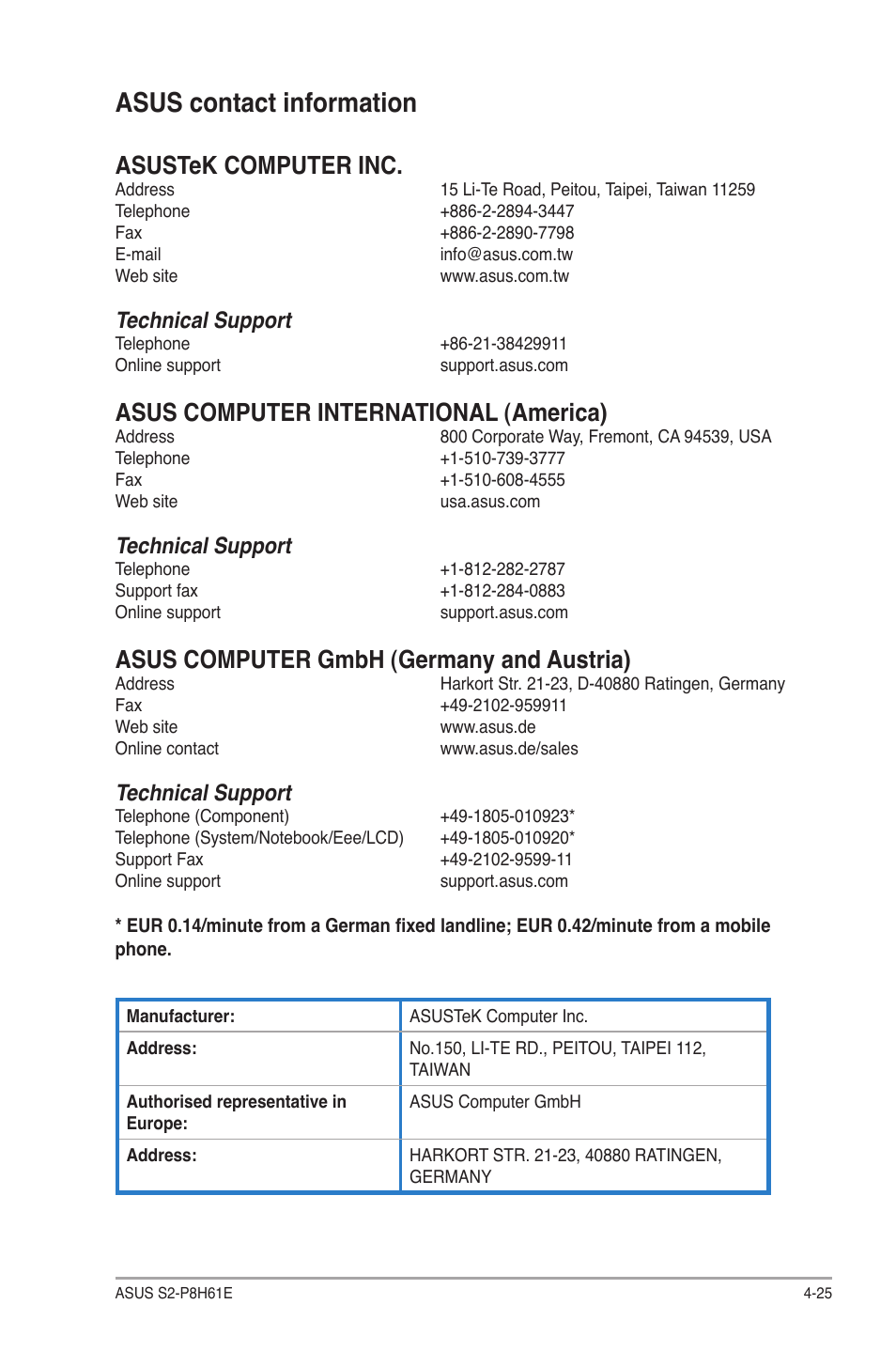 Asus contact information, Asus contact information -25, Asustek computer inc | Asus computer international (america), Asus computer gmbh (germany and austria), Technical support | Asus S2-P8H61E User Manual | Page 79 / 80