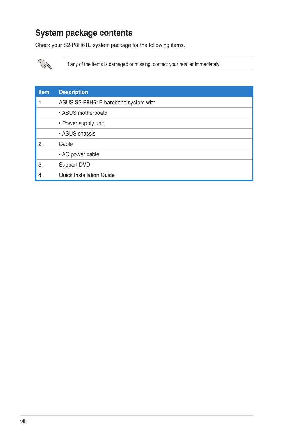 System package contents | Asus S2-P8H61E User Manual | Page 8 / 80