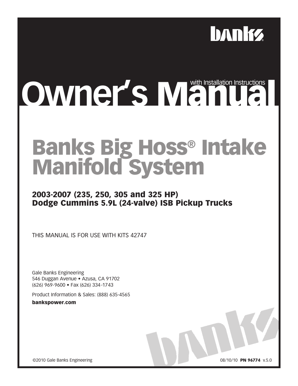 Banks Power Dodge Trucks: (Diesel ’03 - 07 5.9L Cummins) Intake- Big Hoss Intake Manifold System '03-07 235, 250, 305 and 325 HP, Dodge Cummins 5.9L (24-valve) Trucks User Manual | 14 pages