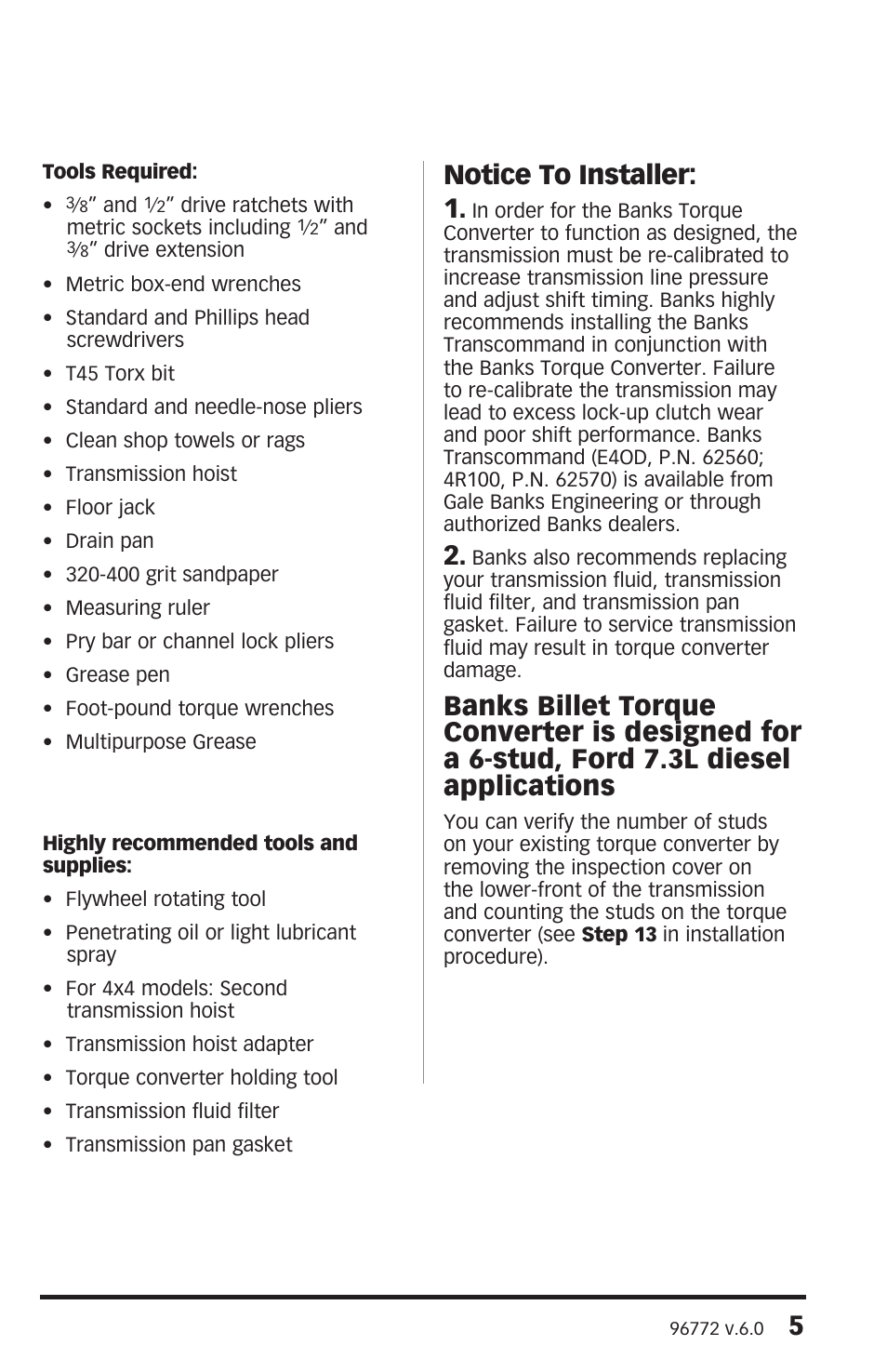 Notice to installer: 1 | Banks Power Ford Trucks: (Diesel ’99 - 03 7.3L Power Stroke) Powertrain- Banks Billet Torque Converter '99-03 Trucks equipped with E4OD or 4R100 Transmissions User Manual | Page 7 / 16