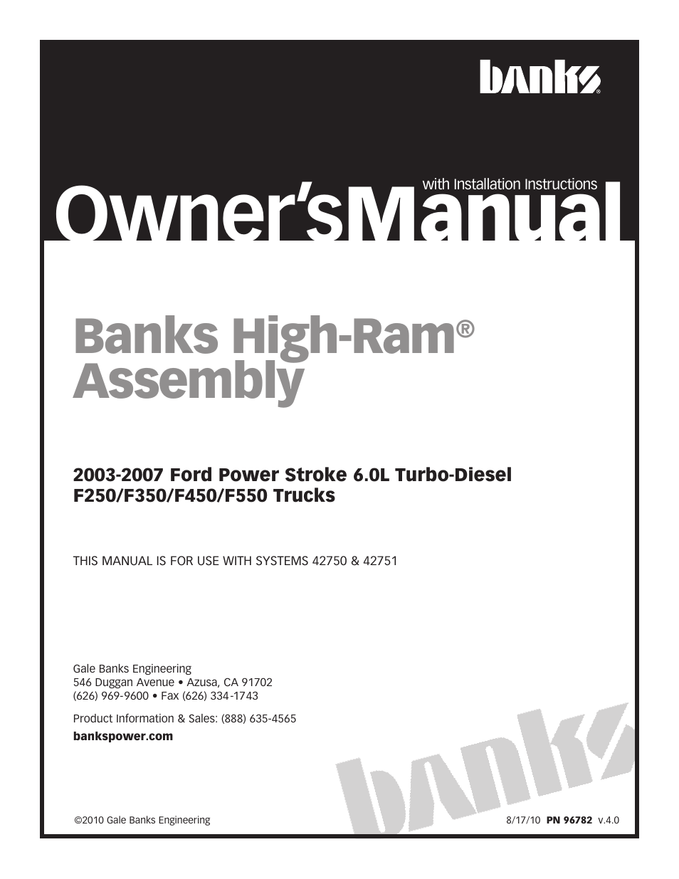 Banks Power Ford Trucks: (Diesel ’03 - 07 6.0L Power Stroke) Intake- High-Ram Assembly (03-07) User Manual | 12 pages