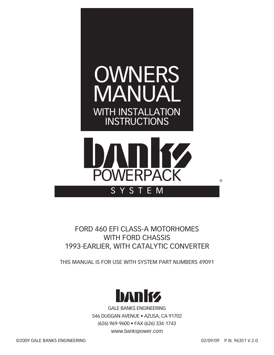 Banks Power Ford Motorhomes: (Gas ’93 - 98 7.5L Class-A) PowerPack System (Class-A, Ford chassis, w_ cat.) For Use w_ 460 EFI Engine User Manual | 16 pages