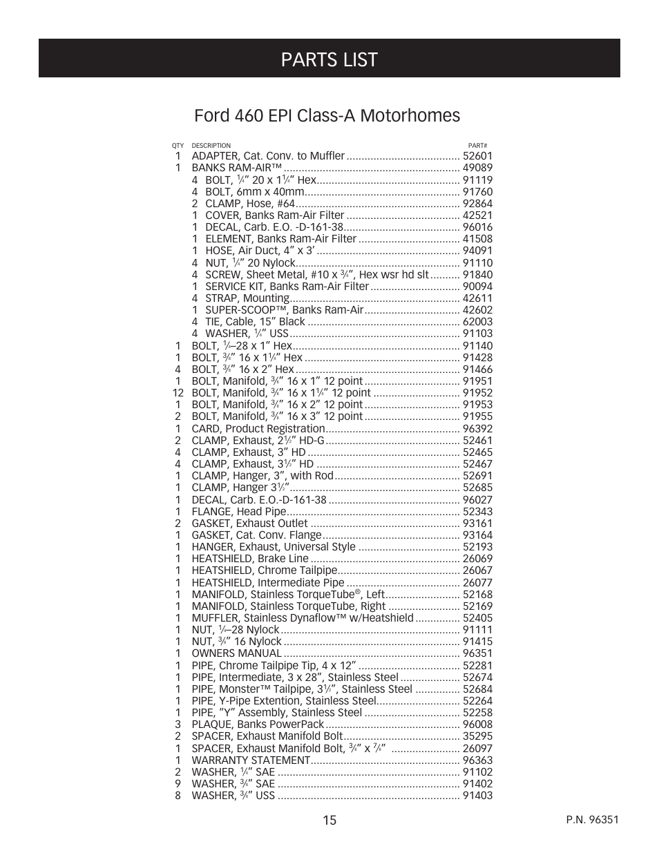 Parts list, Ford 460 epi class-a motorhomes | Banks Power Ford Motorhomes: (Gas ’93 - 98 7.5L Class-A) PowerPack System (Class-A, Ford chassis, w_ cat.) For Use w_ 460 EFI Engine User Manual | Page 15 / 16