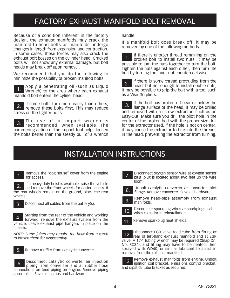 Factory exhaust manifold bolt removal, Installation instructions | Banks Power Ford Motorhomes: (Gas ’93 - 98 7.5L Class-A) PowerPack System (Class-A, Ford chassis, w_ cat.) For Use w_ 460 EFI Engine User Manual | Page 4 / 16