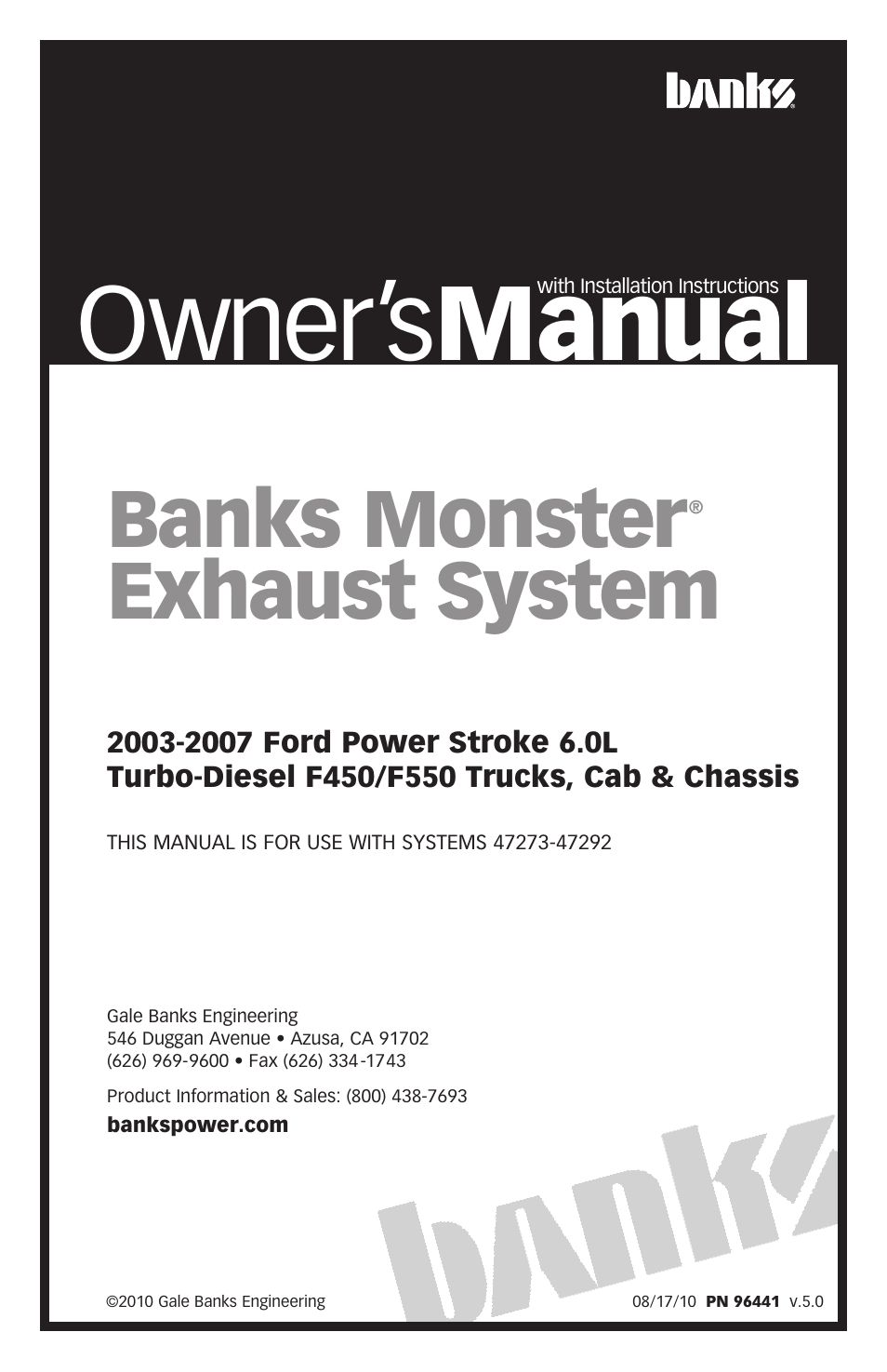 Banks Power Ford Trucks: (Diesel ’03 - 07 6.0L Power Stroke) Exhaust- Monster Exhaust, Single Passenger side exit, F-450_F-550 '03-07 Cab & Chassis User Manual | 16 pages