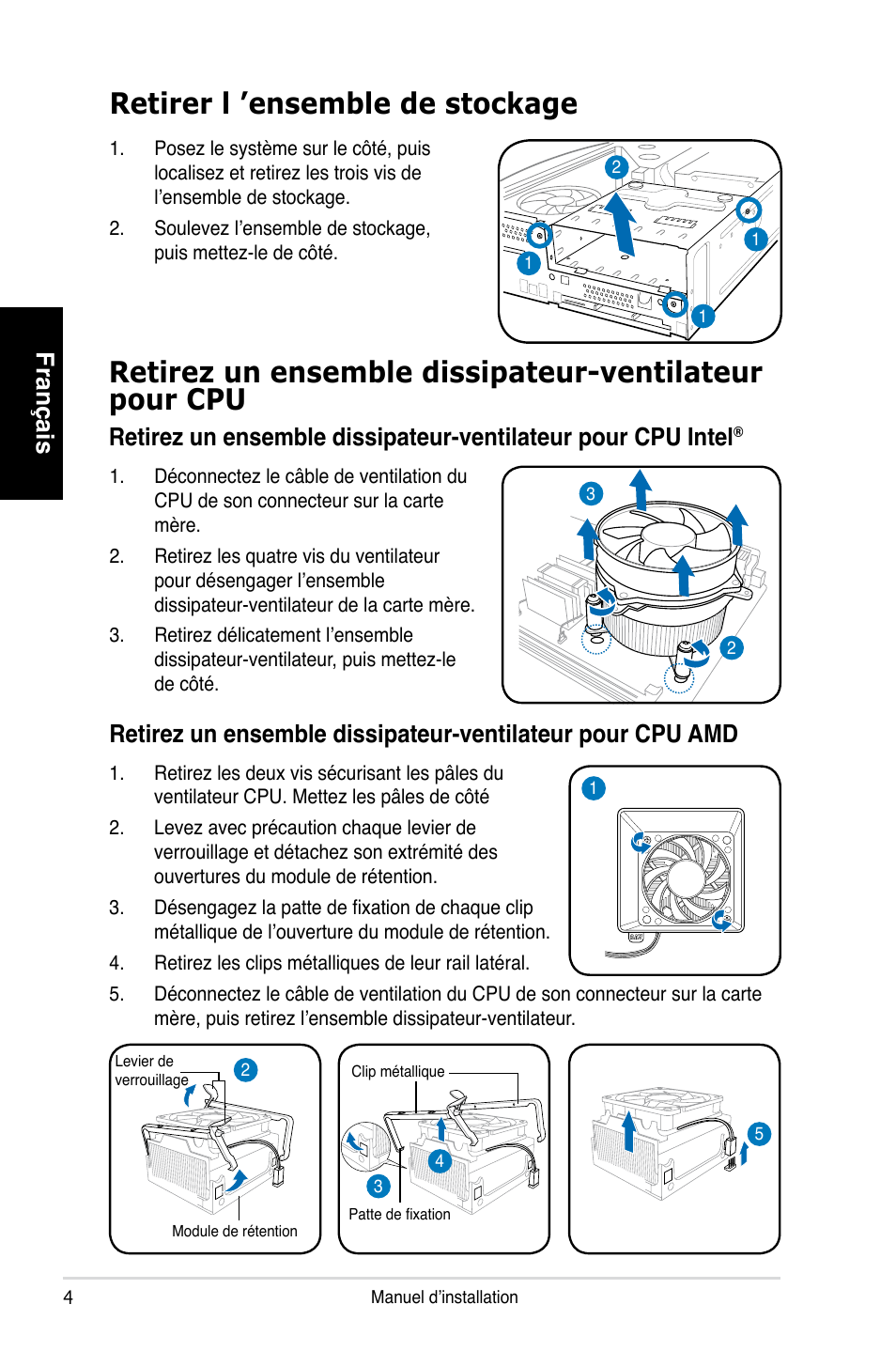 Retirer l ’ensemble de stockage, Français | Asus P1-P5945GCX User Manual | Page 12 / 80