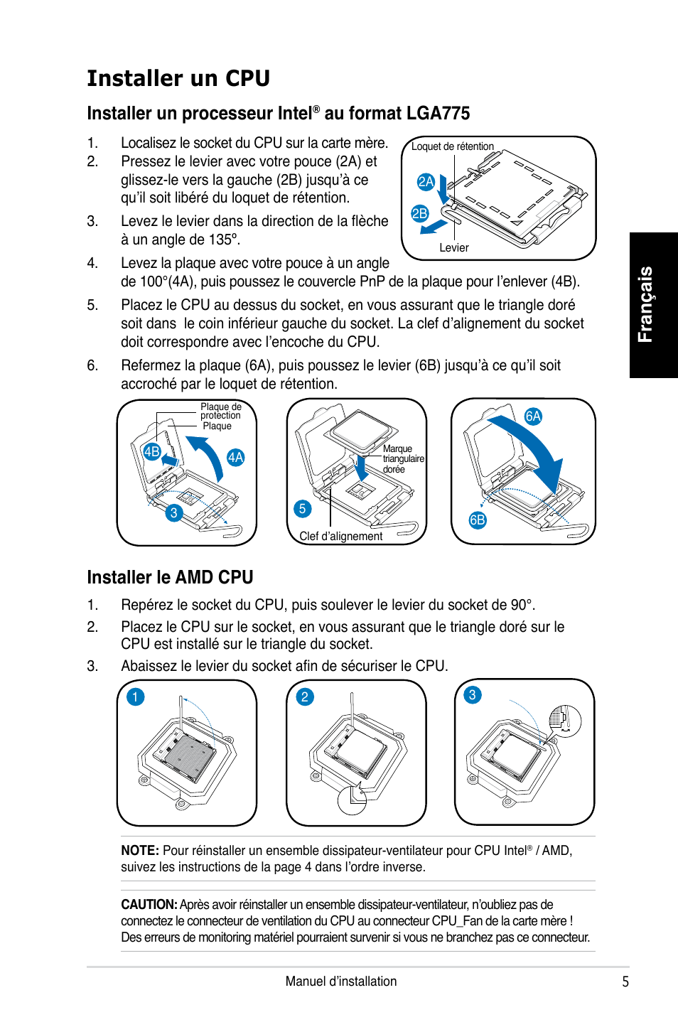 Installer un cpu, Français, Installer un processeur intel | Au format lga775, Installer le amd cpu | Asus P1-P5945GCX User Manual | Page 13 / 80