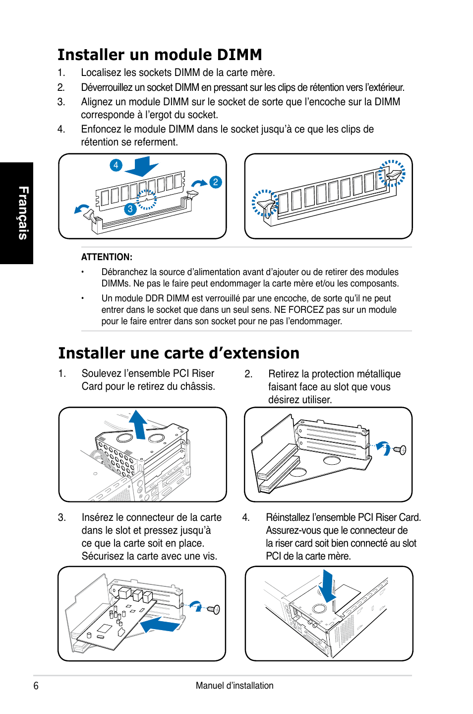Installer une carte d’extension, Installer un module dimm, Français | Asus P1-P5945GCX User Manual | Page 14 / 80
