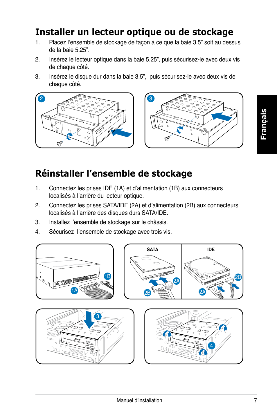 Installer un lecteur optique ou de stockage, Réinstaller l’ensemble de stockage, Français | Asus P1-P5945GCX User Manual | Page 15 / 80