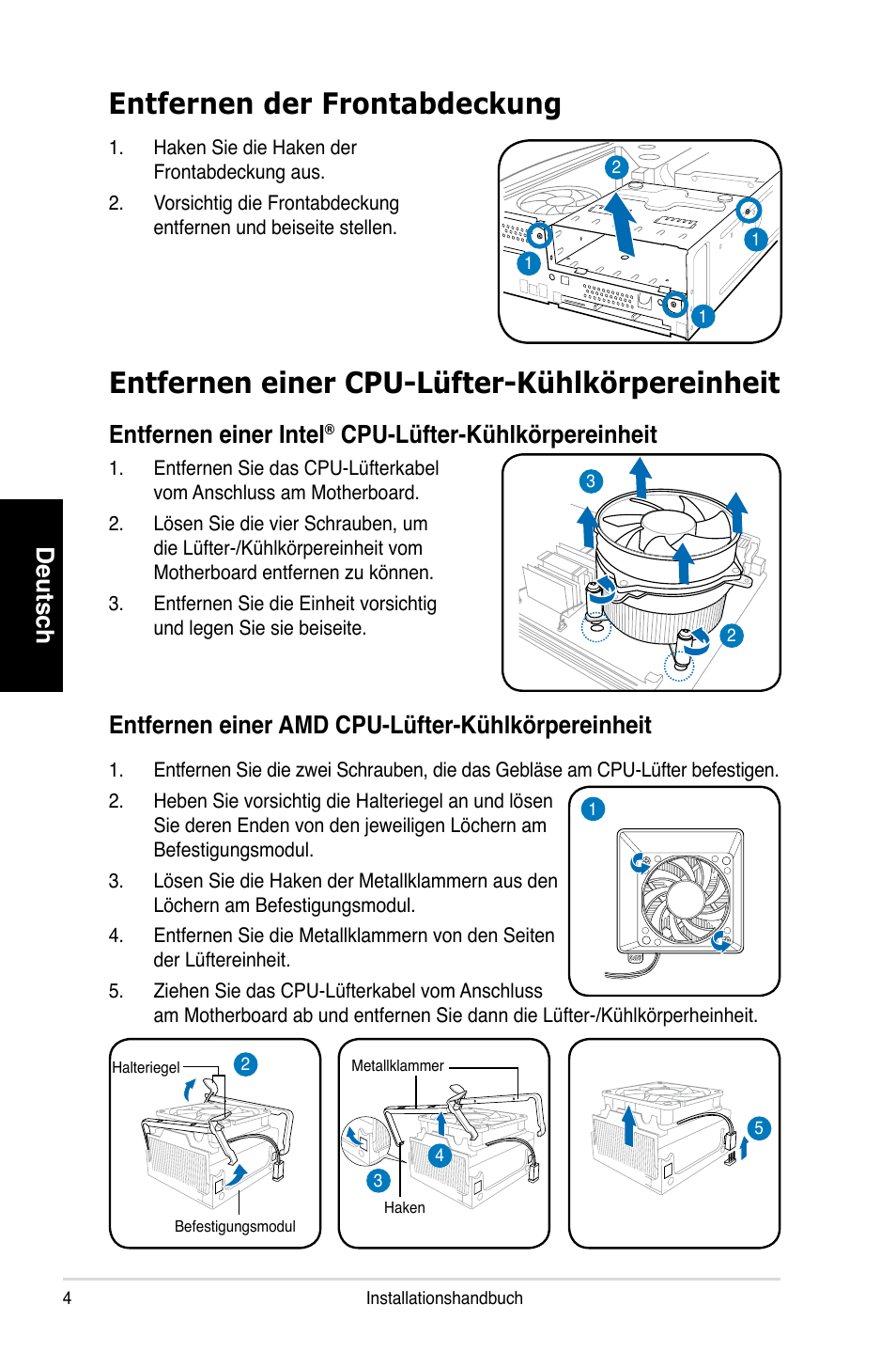 Entfernen der frontabdeckung, Entfernen einer cpu-lüfter-kühlkörpereinheit, Deutsch | Entfernen einer intel | Asus P1-P5945GCX User Manual | Page 20 / 80