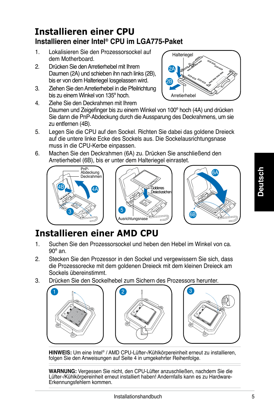 Installieren einer cpu, Installieren einer amd cpu, Deutsch | Installieren einer intel, Cpu im lga775-paket | Asus P1-P5945GCX User Manual | Page 21 / 80