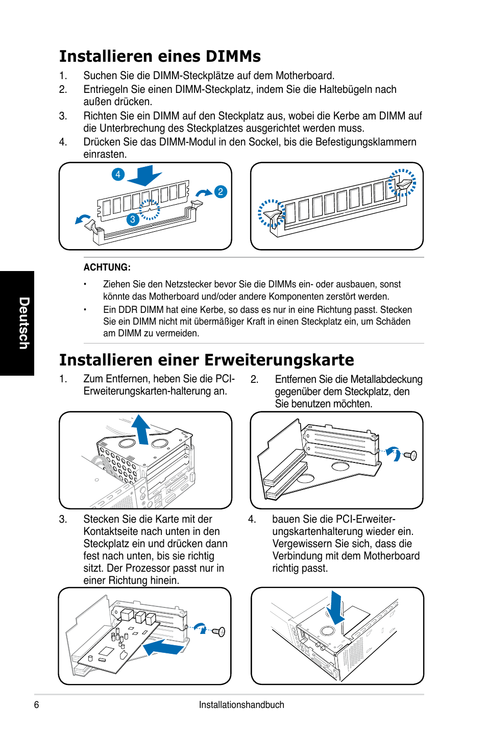 Installieren einer erweiterungskarte, Installieren eines dimms, Deutsch | Asus P1-P5945GCX User Manual | Page 22 / 80