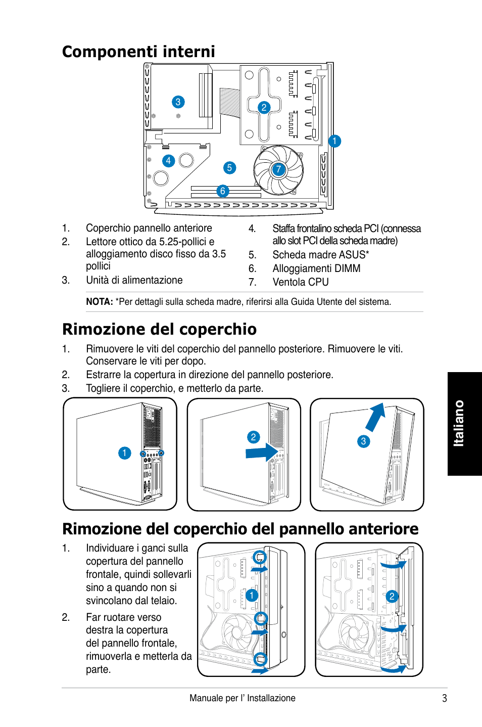 Componenti interni, Rimozione del coperchio, Rimozione del coperchio del pannello anteriore | Italiano | Asus P1-P5945GCX User Manual | Page 27 / 80
