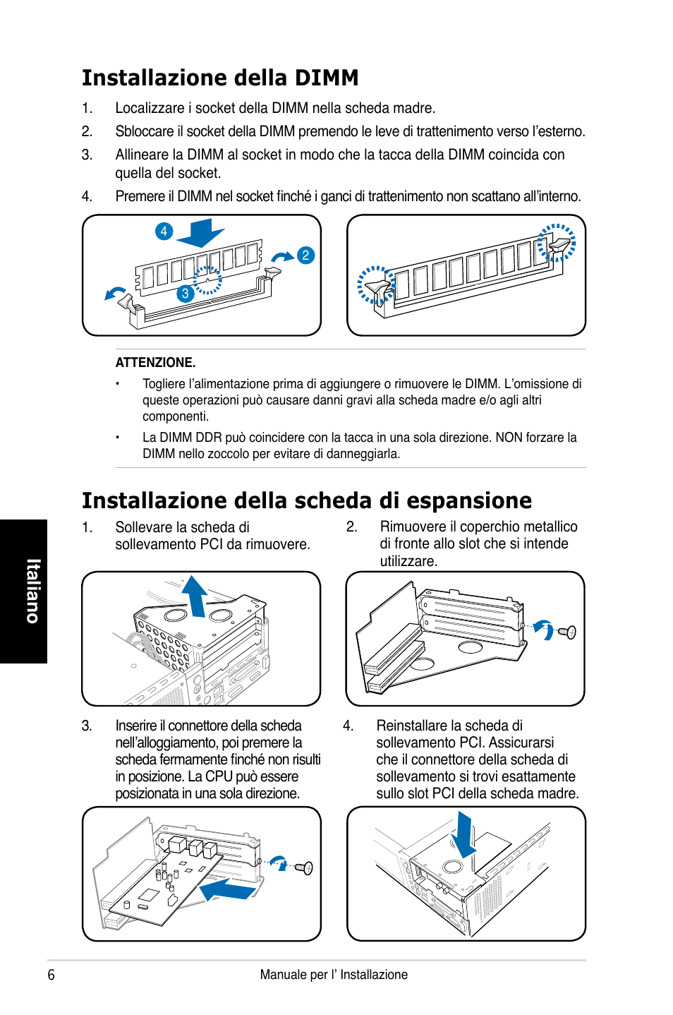 Installazione della scheda di espansione, Installazione della dimm, Italiano | Asus P1-P5945GCX User Manual | Page 30 / 80