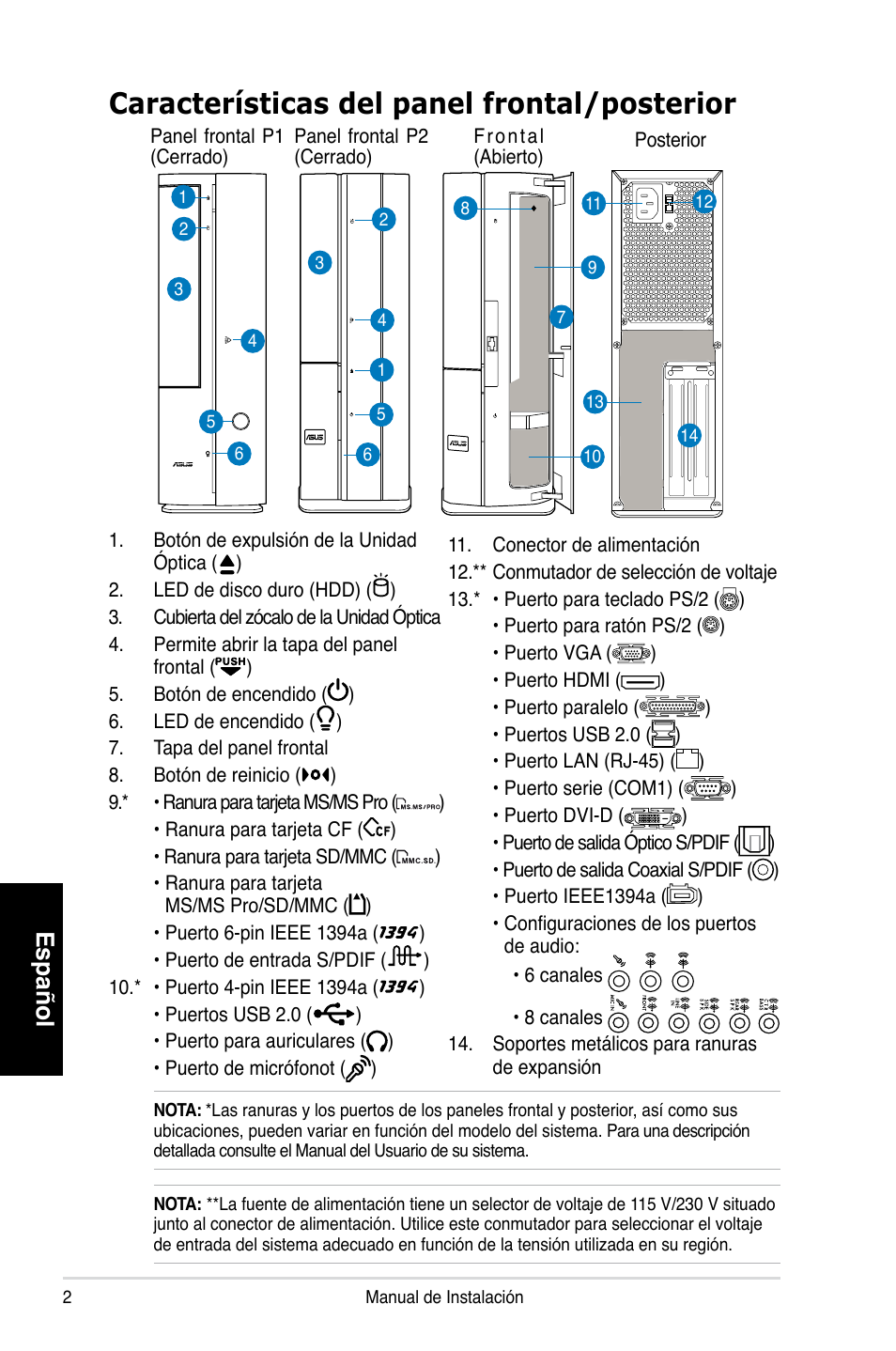Características del panel frontal/posterior, Español | Asus P1-P5945GCX User Manual | Page 34 / 80
