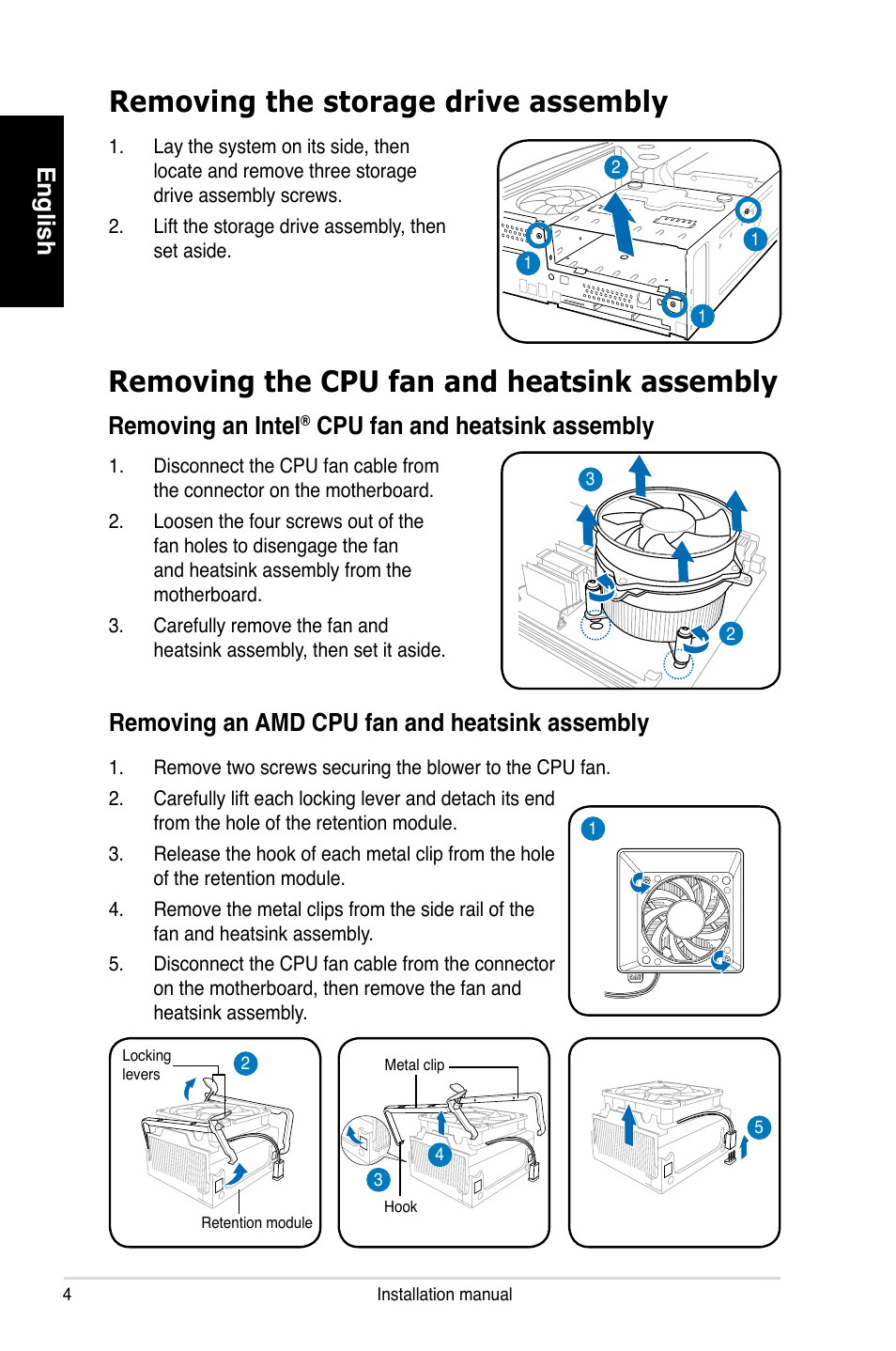 Removing the storage drive assembly, Removing the cpu fan and heatsink assembly, English | Removing an intel | Asus P1-P5945GCX User Manual | Page 4 / 80