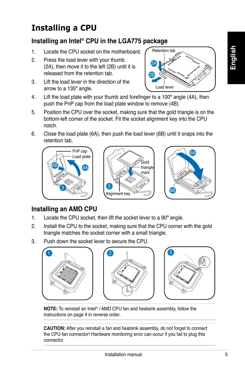 Installing a cpu, English, Installing an intel | Cpu in the lga775 package, Installing an amd cpu | Asus P1-P5945GCX User Manual | Page 5 / 80