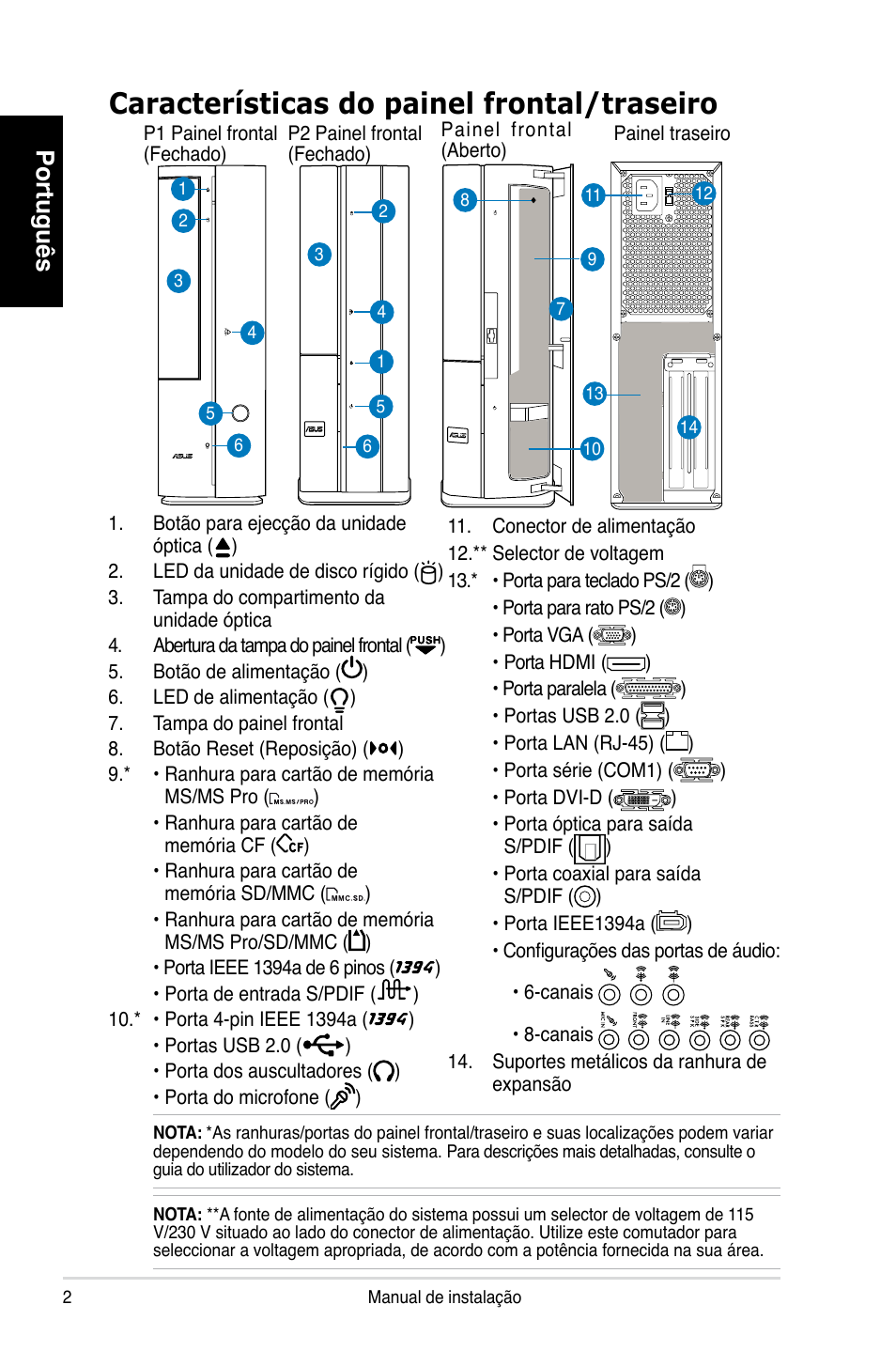 Características do painel frontal/traseiro, Português | Asus P1-P5945GCX User Manual | Page 50 / 80