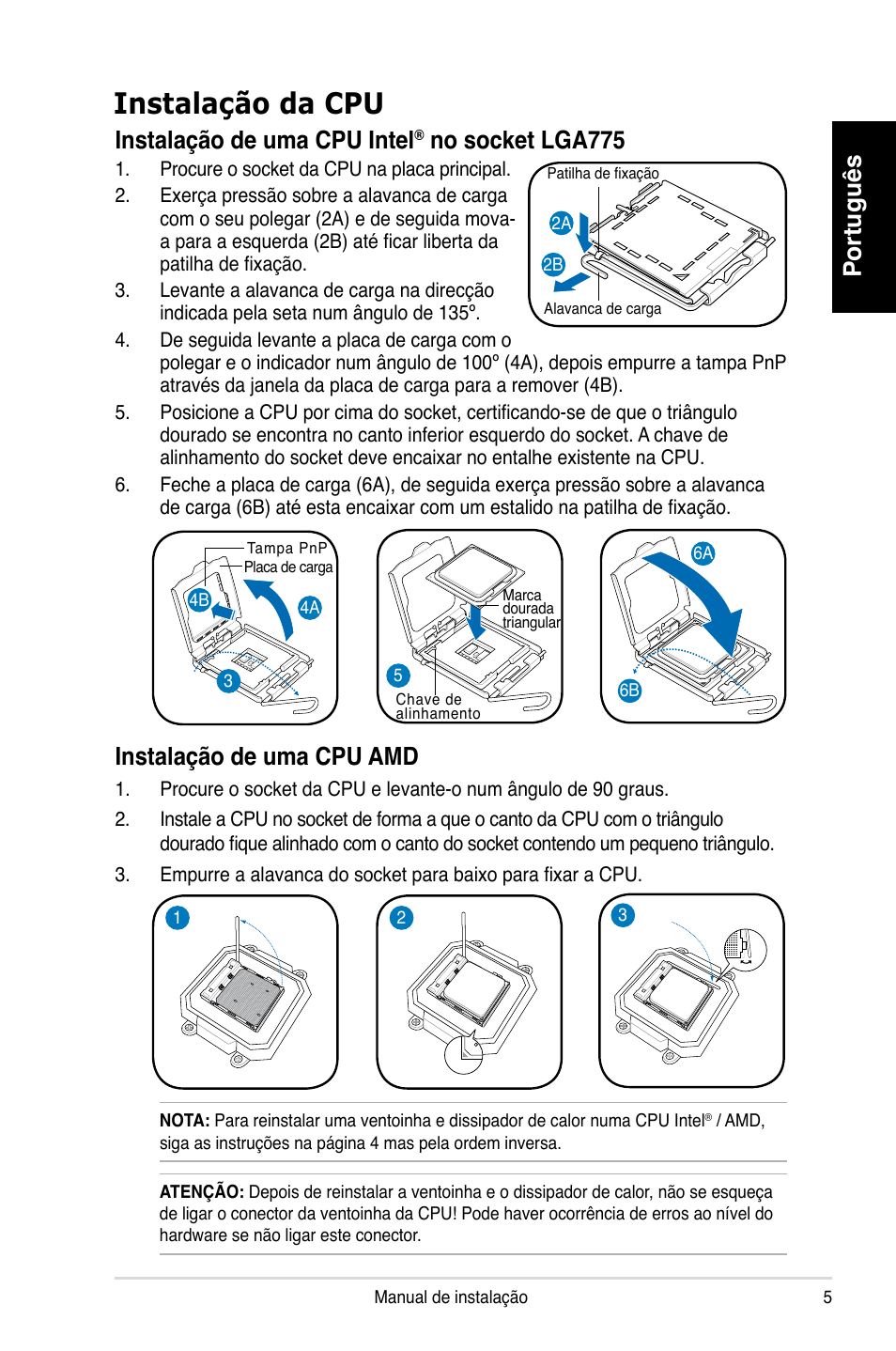 Instalação da cpu, Português, Instalação de uma cpu intel | No socket lga775, Instalação de uma cpu amd | Asus P1-P5945GCX User Manual | Page 53 / 80