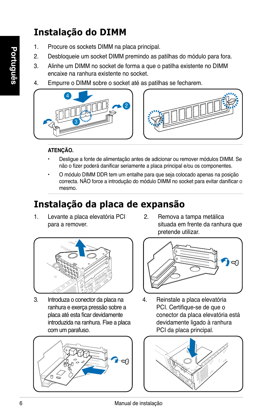 Instalação da placa de expansão, Instalação do dimm, Português | Asus P1-P5945GCX User Manual | Page 54 / 80