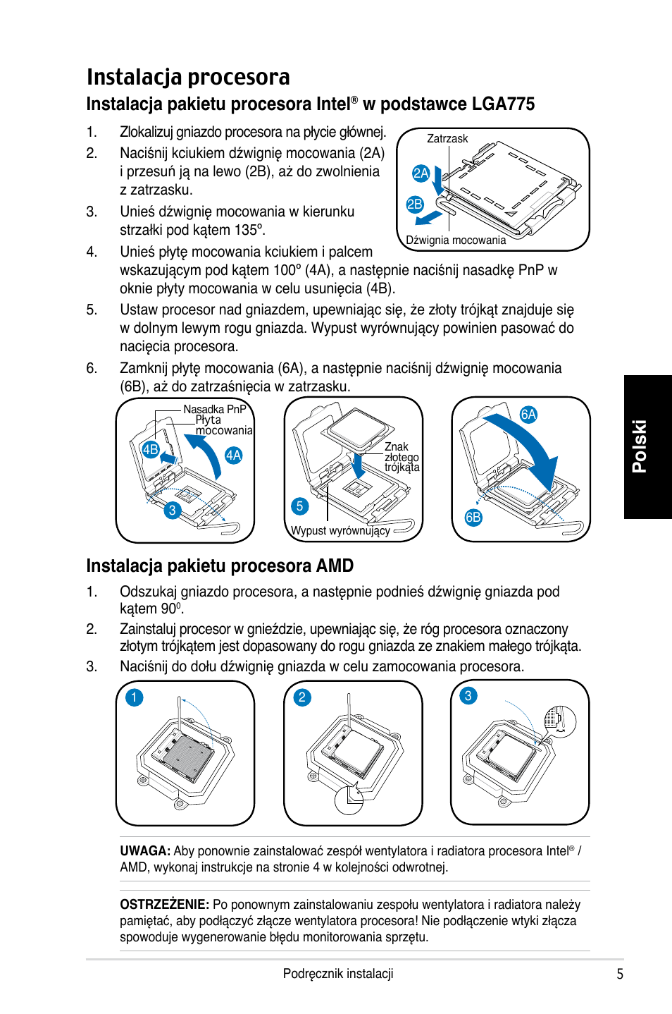 Instalacja procesora, Polski, Instalacja pakietu procesora intel | W podstawce lga775, Instalacja pakietu procesora amd | Asus P1-P5945GCX User Manual | Page 69 / 80