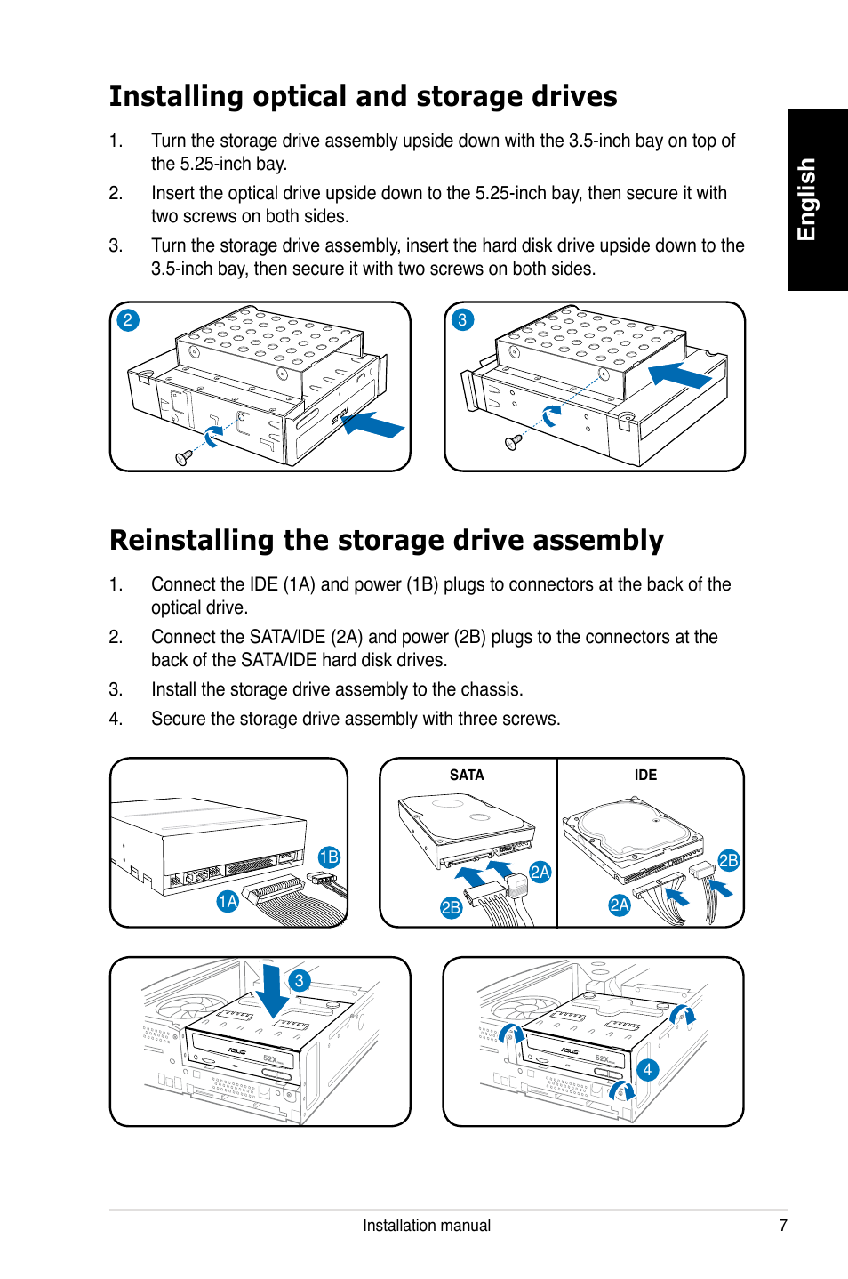 Installing optical and storage drives, Reinstalling the storage drive assembly, English | Asus P1-P5945GCX User Manual | Page 7 / 80