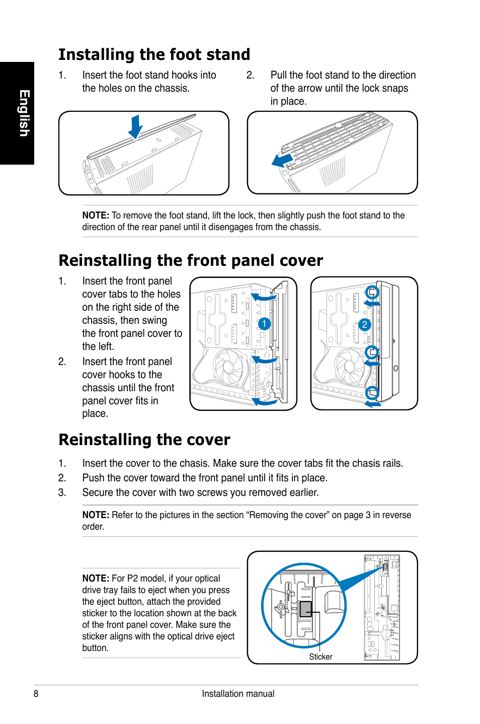 Installing the foot stand, Reinstalling the cover, Reinstalling the front panel cover | English | Asus P1-P5945GCX User Manual | Page 8 / 80