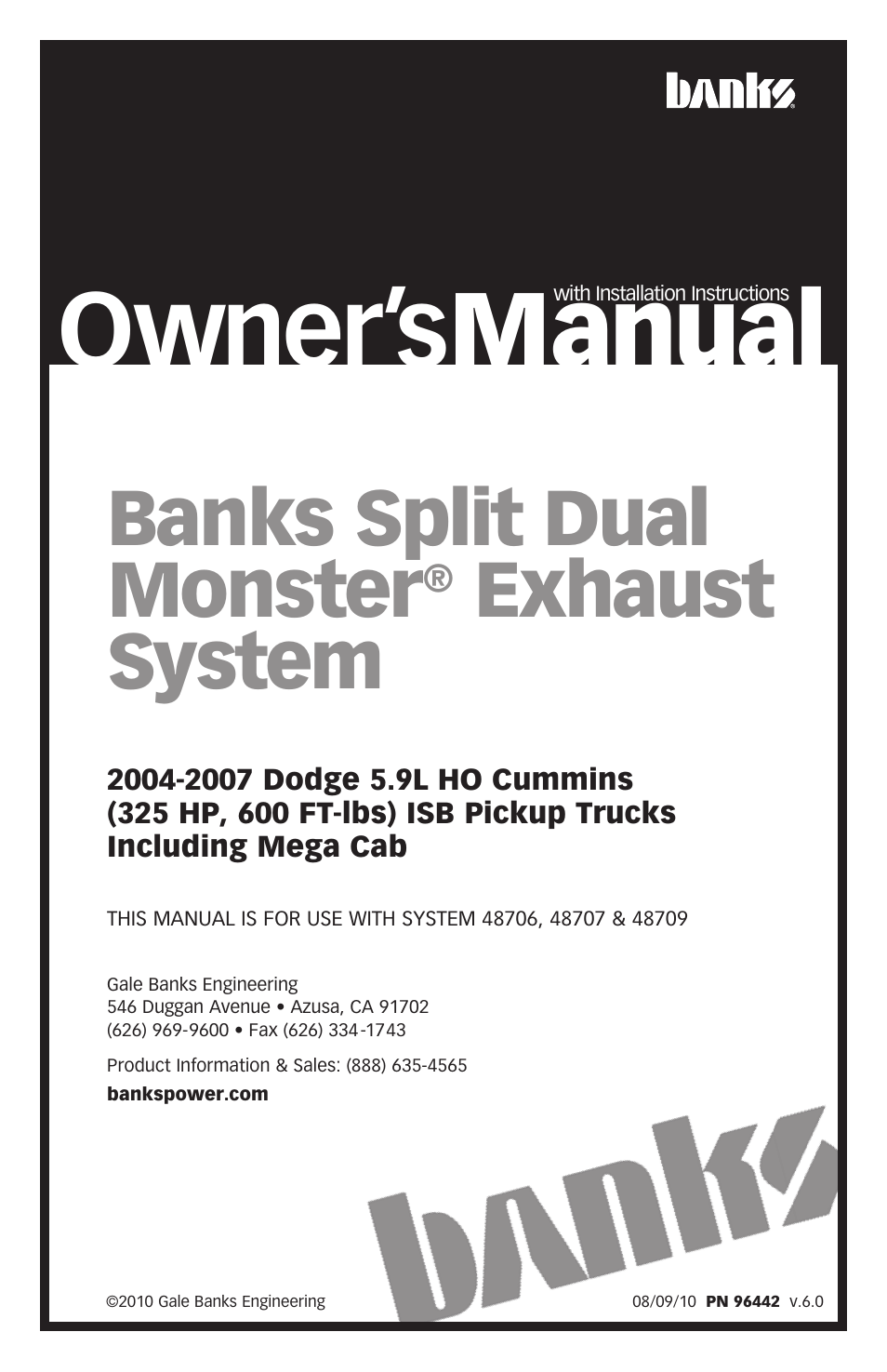 Banks Power Dodge Trucks: (Diesel ’03 - 07 5.9L Cummins) Exhaust- Monster Exhaust, Split-Dual, out the sides '04-07 5.9L HO 325hp Trucks, Including Mega Cab User Manual | 10 pages