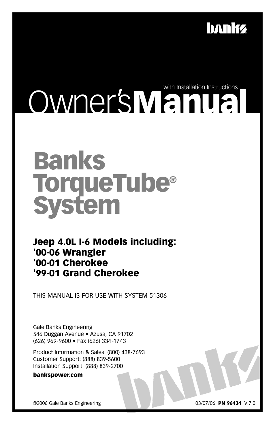 Banks Power Jeep Trucks: (Gas ’91 - 06 Wrangler 4.0L) Exhaust- TorqueTube system 4.0L I-6 ('00-06 Wrangler_'00-01 Cherokee_'99-01 Grand Cherokee) User Manual | 8 pages